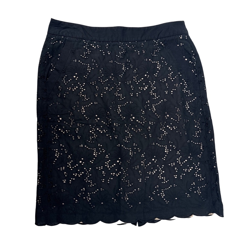 Ann Taylor Loft Skirt Womens 4 Pencil Black Eyelet Floral Scallop Cotton Pocket